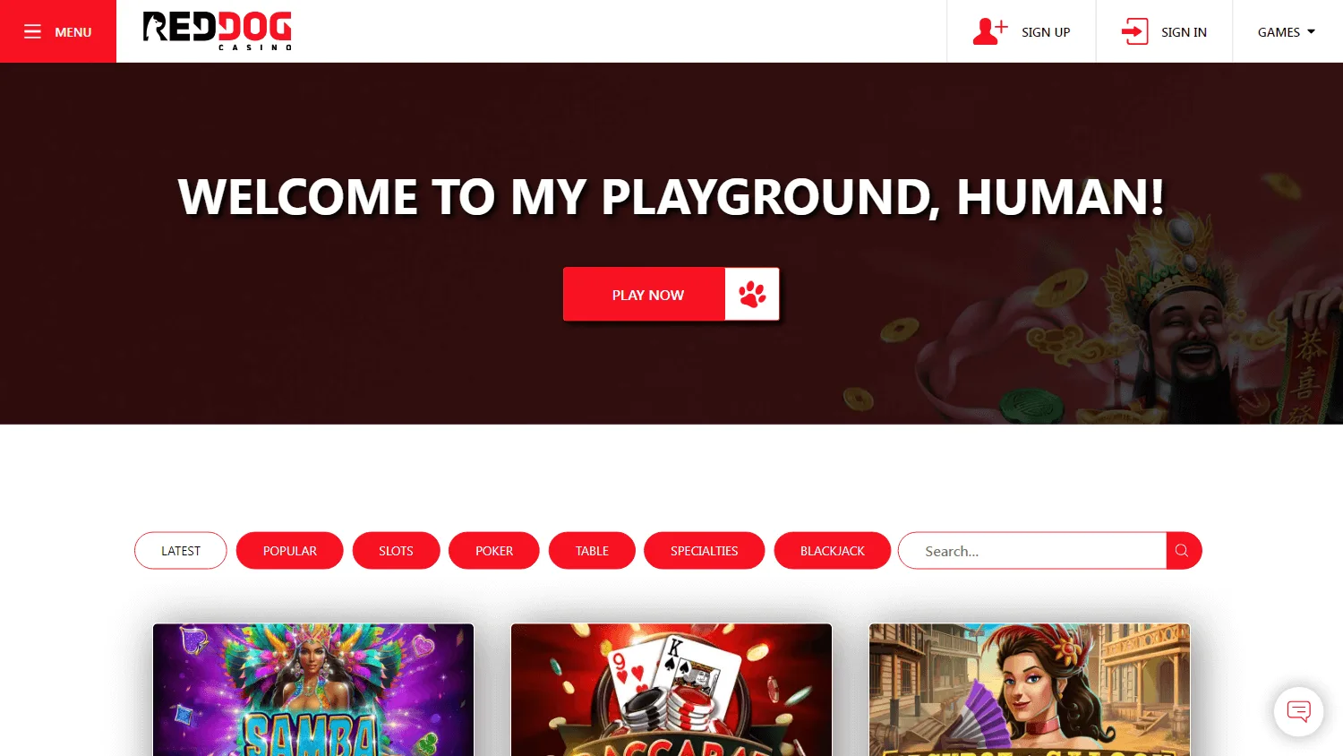 Red Dog Casino game selection on a desktop device