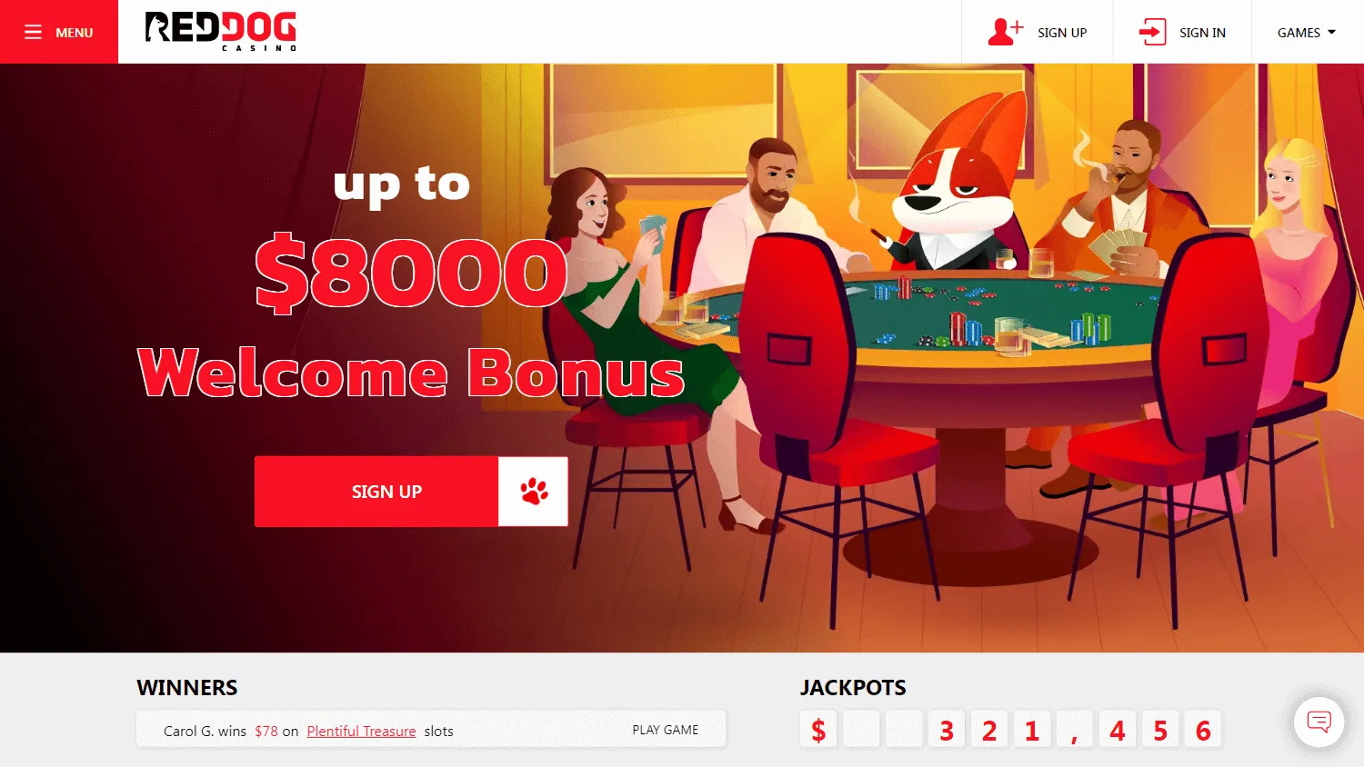 Red Dog Casino home interface on a desktop device
