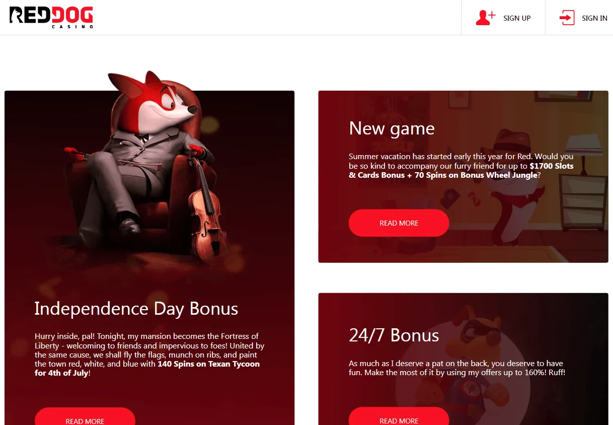 Red Dog Casino promotional offers on a desktop device